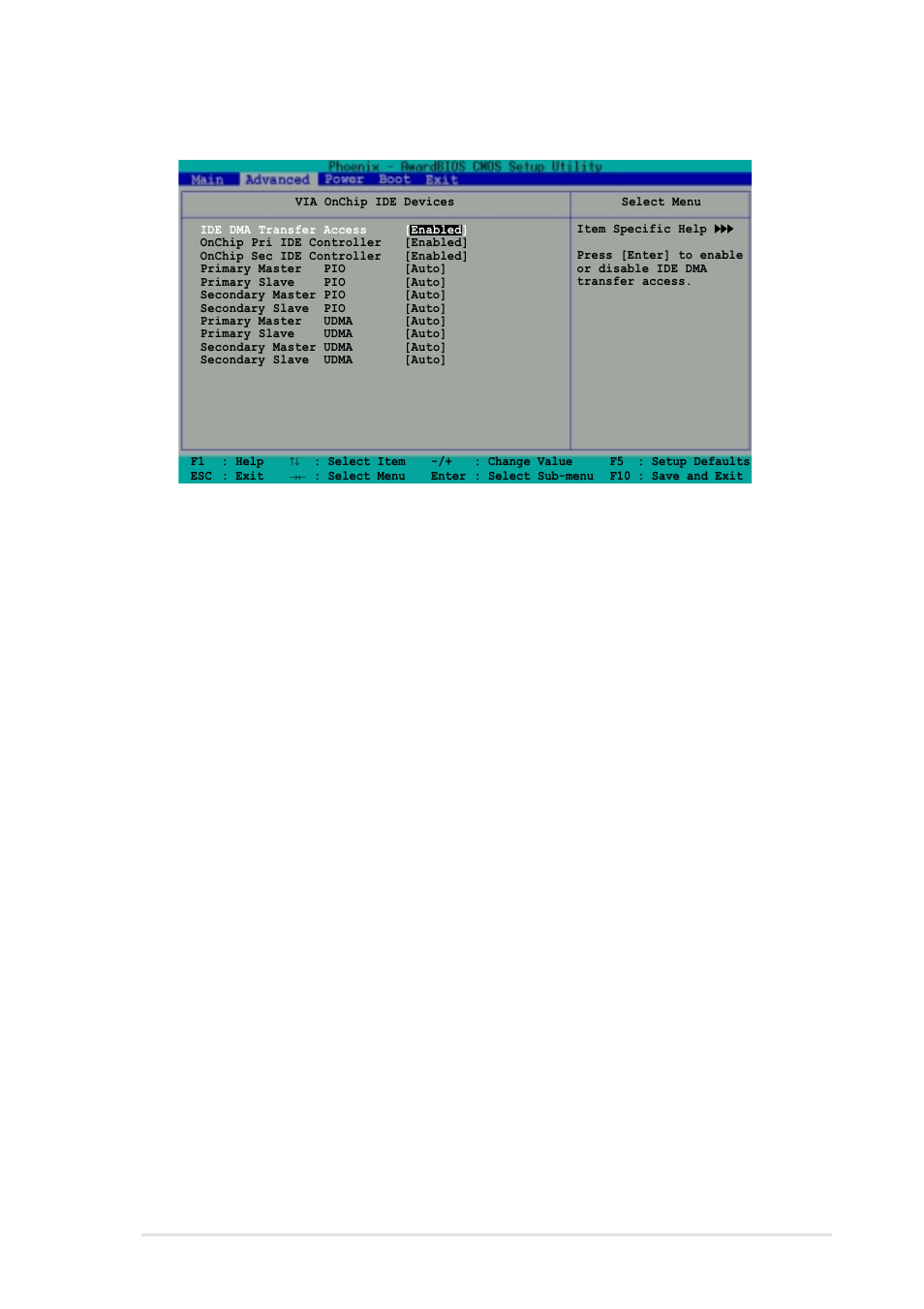 Via onchip ide device, Ide dma transfer access [enabled, Primary master pio [auto] primary slave pio [auto | Configuration options: [enabled] [disabled | Asus A7V8X-MXSE User Manual | Page 47 / 64