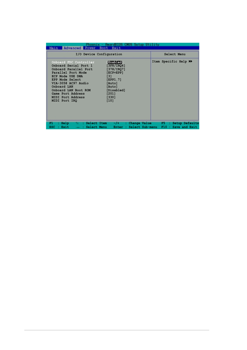 2 i/o device configuration, Onboard fdc controller [enabled, Onboard serial port 1 [3f8/irq4 | Onboard parallel port [378/irq7, Parallel port mode [ecp+epp, Ecp mode use dma [3, Epp mode select [epp1.7, 18 chapter 2: bios information | Asus A7V8X-MXSE User Manual | Page 48 / 64