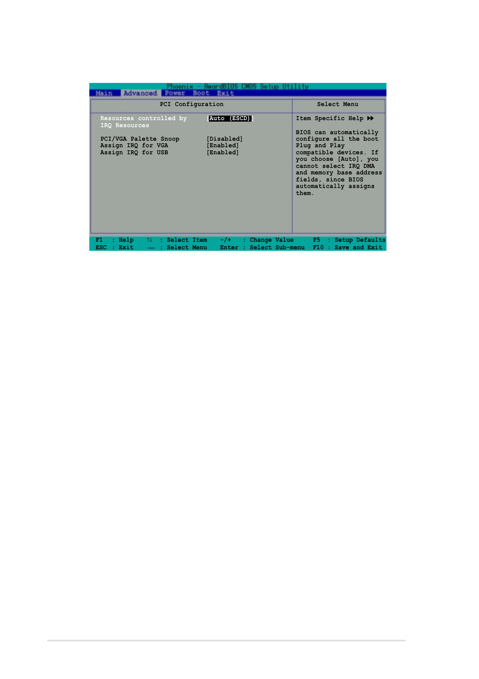 3 pci configuration, Resources controlled by [auto (escd), Pci/vga snoop palette [disabled | Assign irq for vga [enabled, Assign irq for usb [enabled, 20 chapter 2: bios information | Asus A7V8X-MXSE User Manual | Page 50 / 64