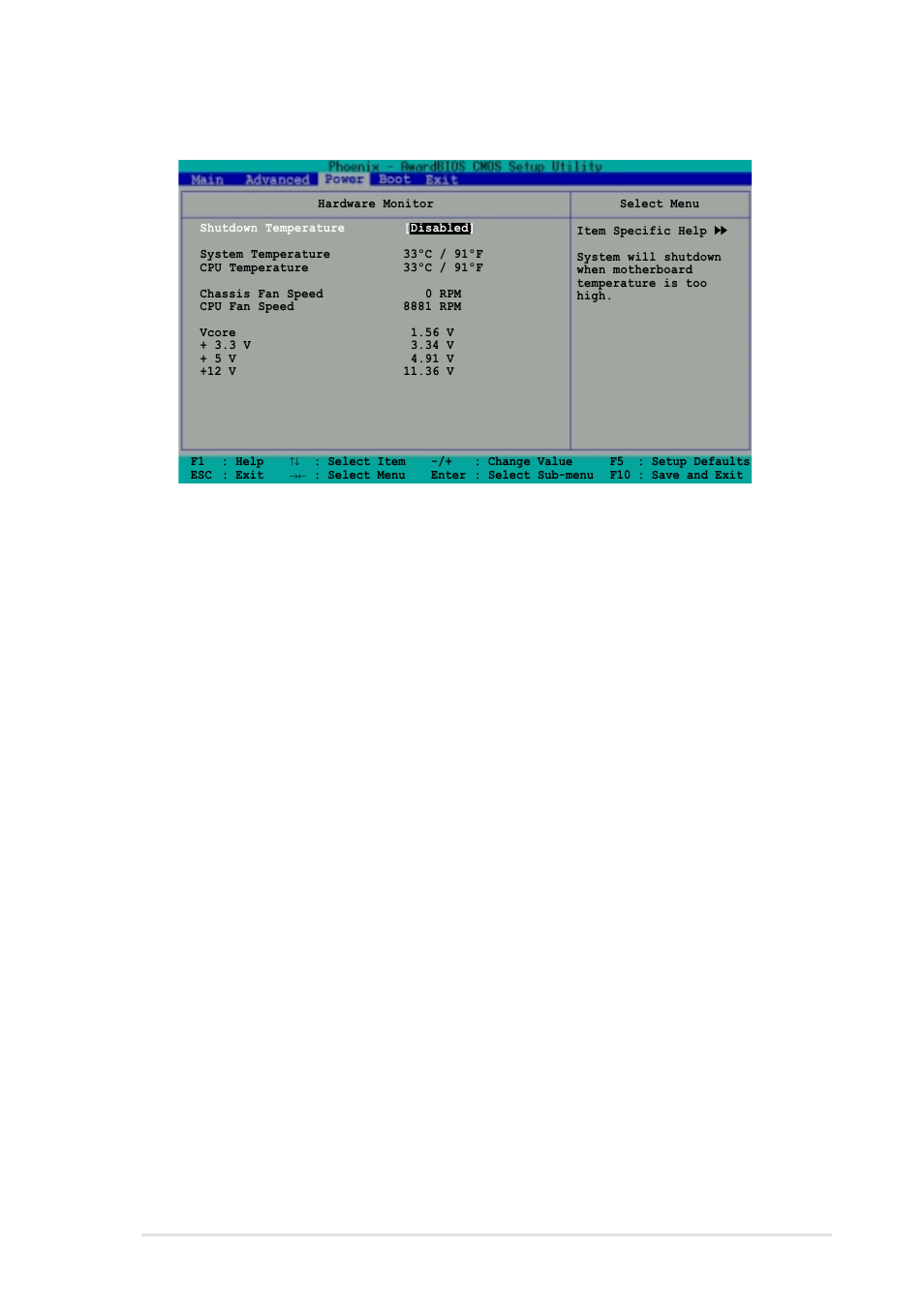 2 hardware monitor, Shutdown temperature [disabled, System temp [xxx°c/xxx°f] cpu temp [xxx°c/xxx°f | Asus A7V8X-MXSE User Manual | Page 55 / 64