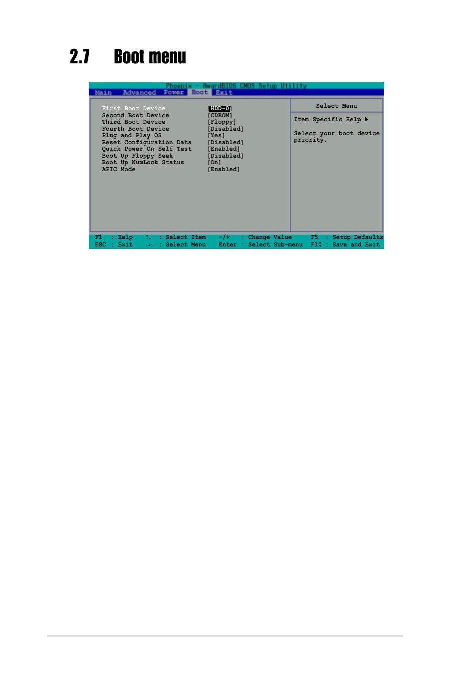 7 boot menu, First/second/third/fourth boot device, Plug and play os [yes | Reset configuration data [disabled, Quick power on self test [enabled, Boot up floppy seek [disabled, Boot up numlock status [on, 26 chapter 2: bios information | Asus A7V8X-MXSE User Manual | Page 56 / 64