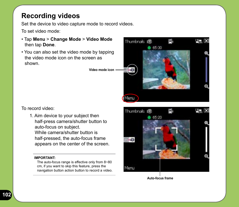 Recording videos | Asus P535 User Manual | Page 102 / 132