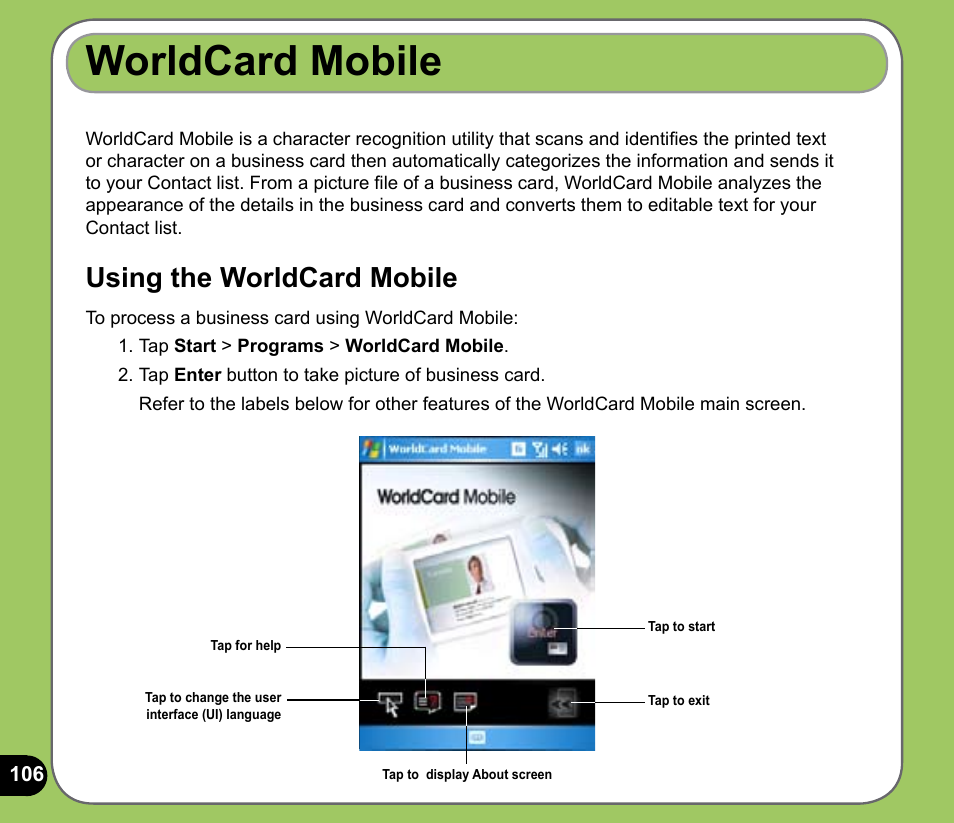 Worldcard mobile, Using the worldcard mobile | Asus P535 User Manual | Page 106 / 132