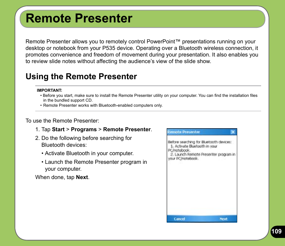 Remote presenter, Using the remote presenter | Asus P535 User Manual | Page 109 / 132