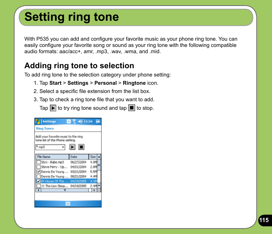 Setting ring tone, Adding ring tone to selection | Asus P535 User Manual | Page 115 / 132