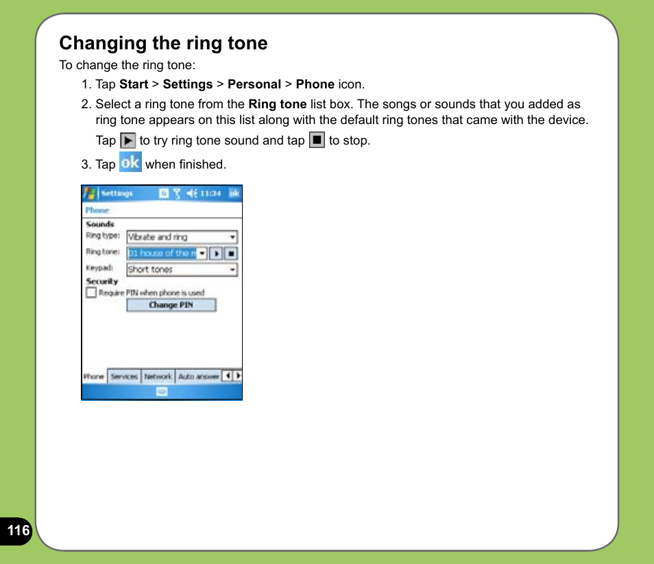 Changing the ring tone | Asus P535 User Manual | Page 116 / 132