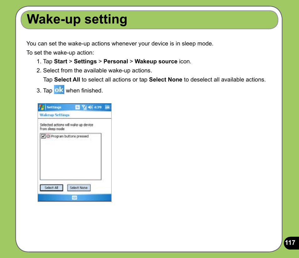 Wake-up setting | Asus P535 User Manual | Page 117 / 132