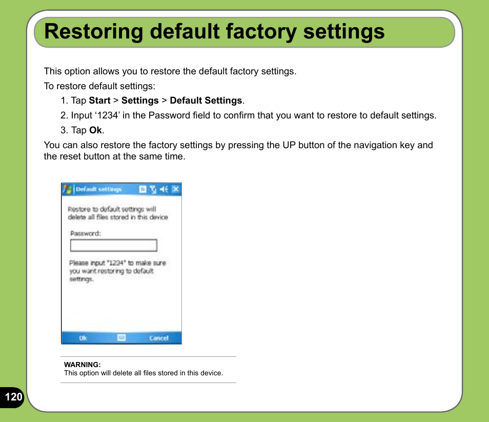 Restoring default factory settings | Asus P535 User Manual | Page 120 / 132