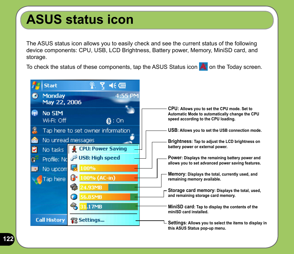 Asus status icon | Asus P535 User Manual | Page 122 / 132