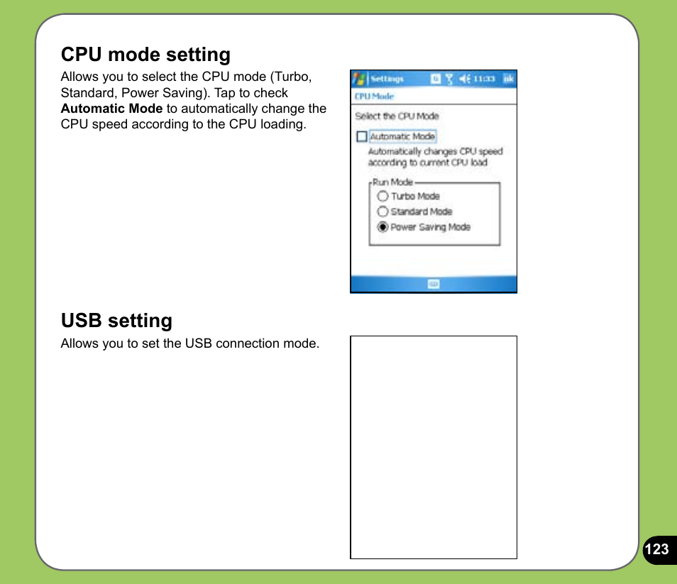 Cpu mode setting, Usb setting | Asus P535 User Manual | Page 123 / 132