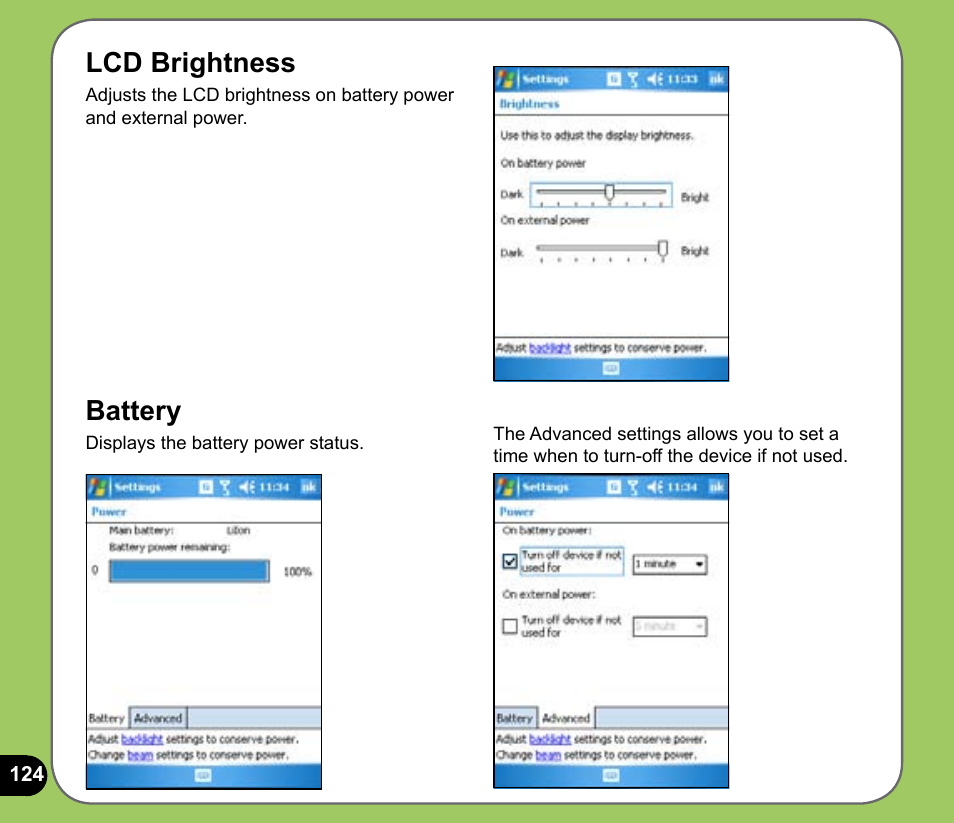 Lcd brightness, Battery | Asus P535 User Manual | Page 124 / 132