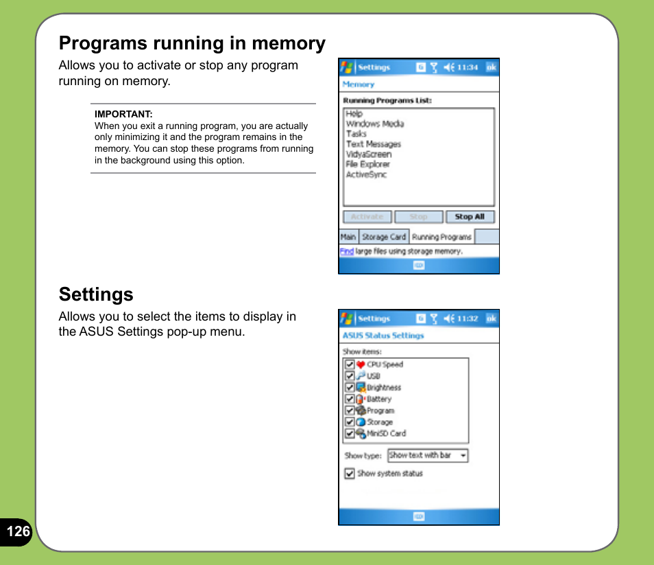 Settings | Asus P535 User Manual | Page 126 / 132