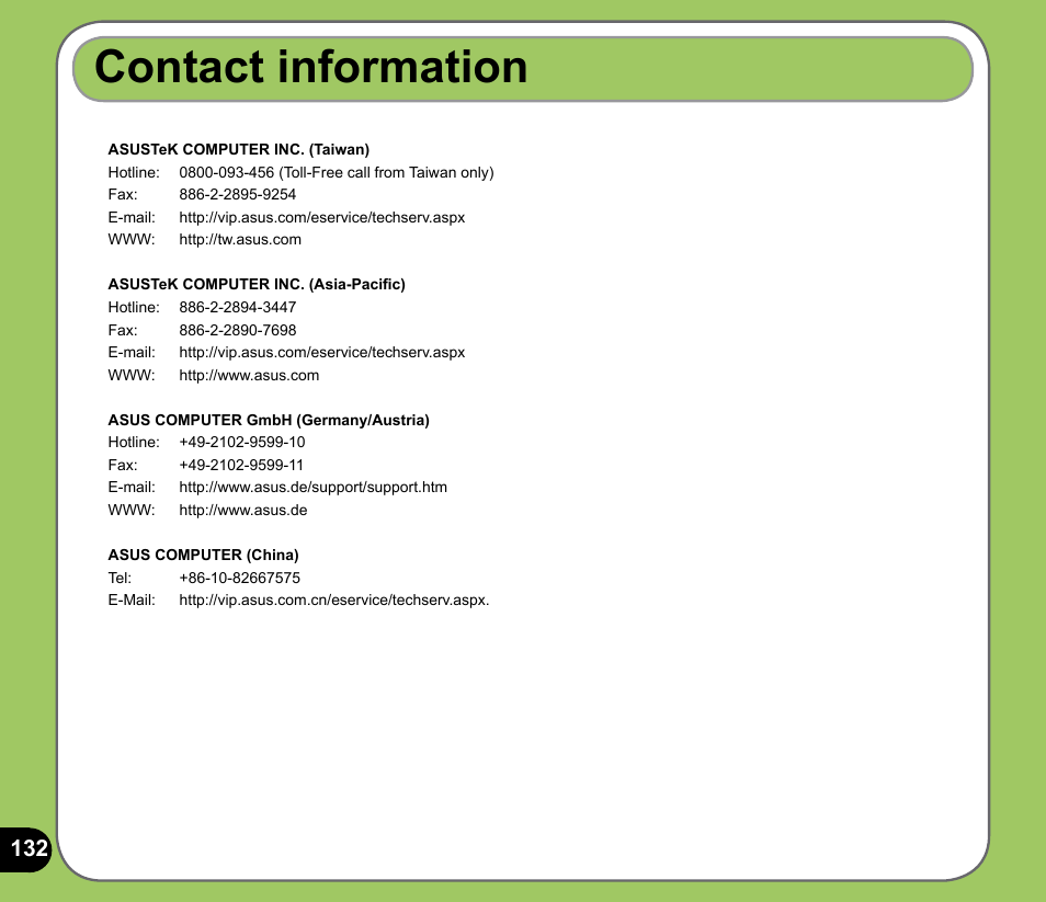 Contact information | Asus P535 User Manual | Page 132 / 132