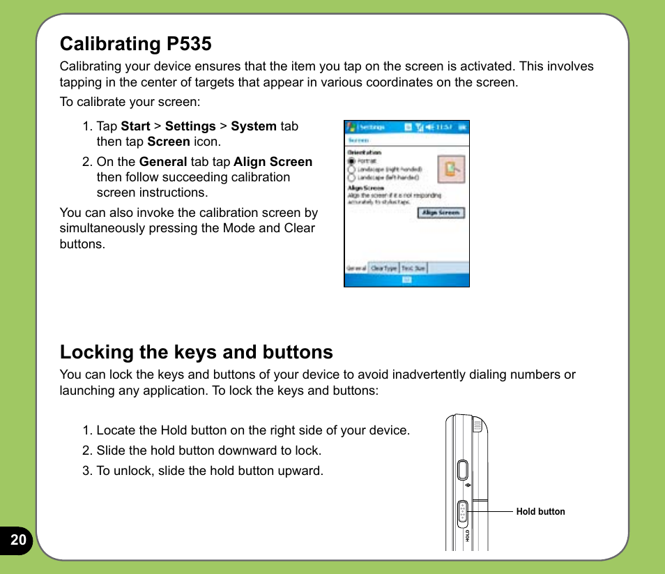 Calibrating p, Locking the keys and buttons | Asus P535 User Manual | Page 20 / 132