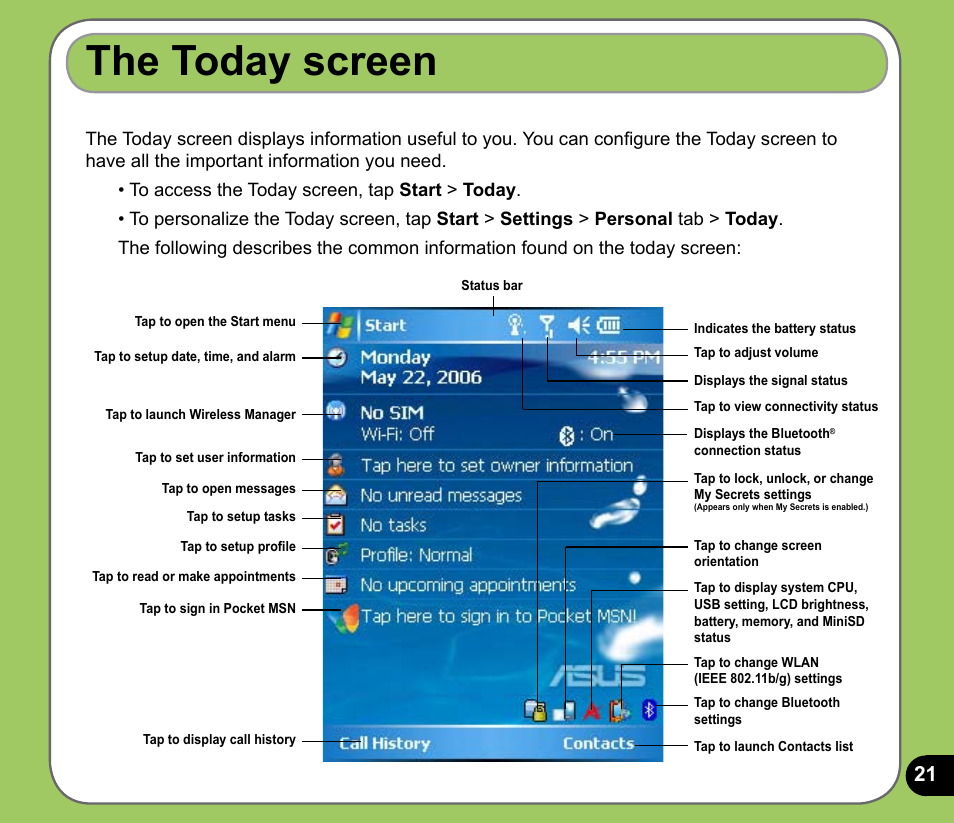 The today screen | Asus P535 User Manual | Page 21 / 132