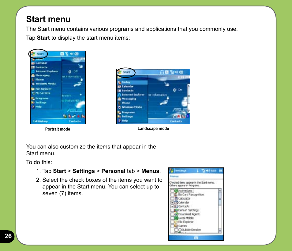 Start menu | Asus P535 User Manual | Page 26 / 132