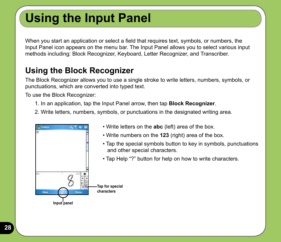 Using the input panel, Using the block recognizer | Asus P535 User Manual | Page 28 / 132