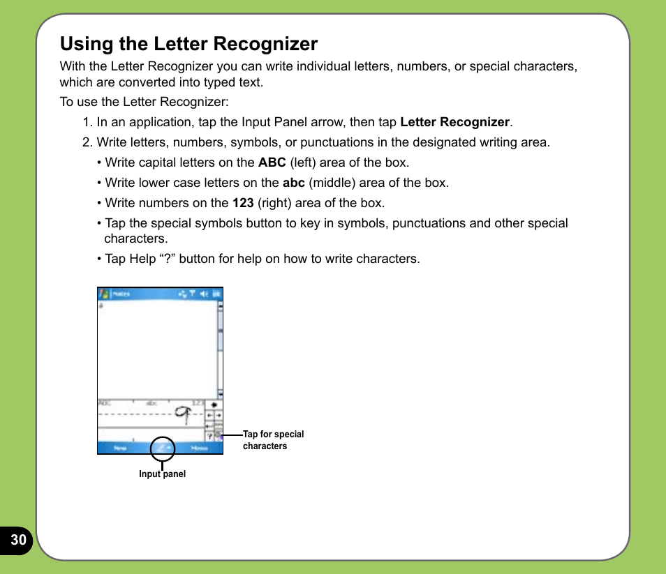 Using the letter recognizer | Asus P535 User Manual | Page 30 / 132