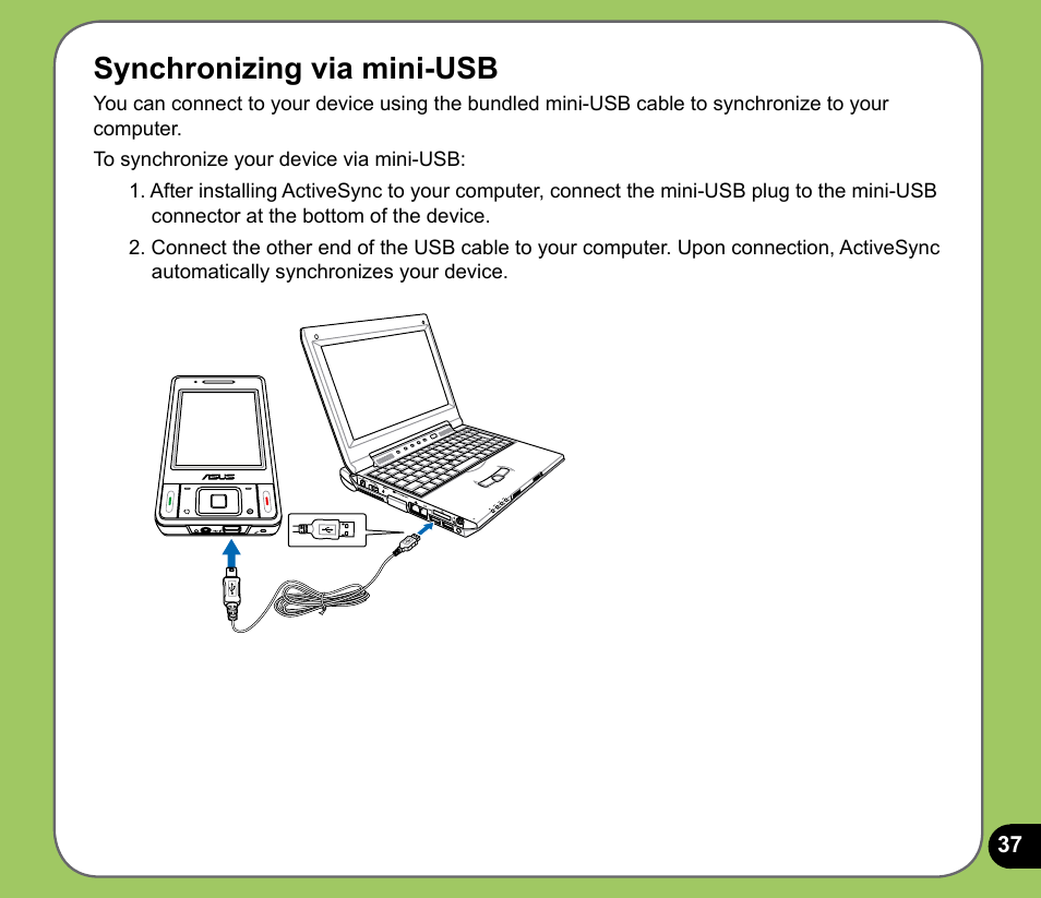 Synchronizing via mini-usb | Asus P535 User Manual | Page 37 / 132