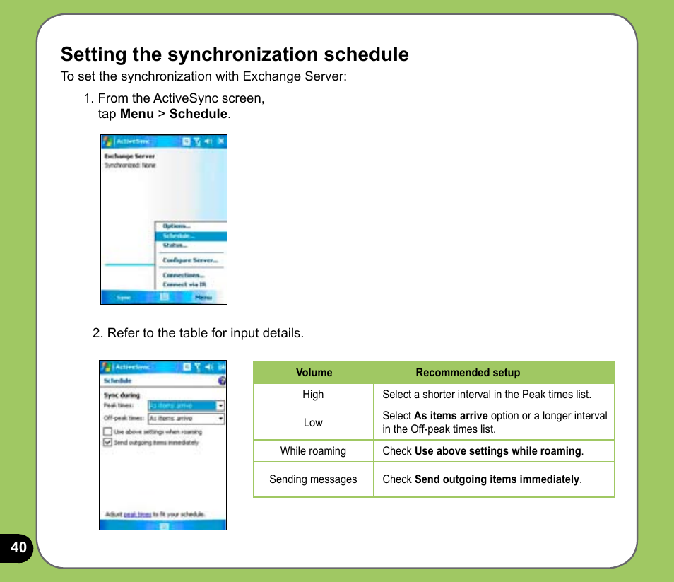 Setting the synchronization schedule | Asus P535 User Manual | Page 40 / 132