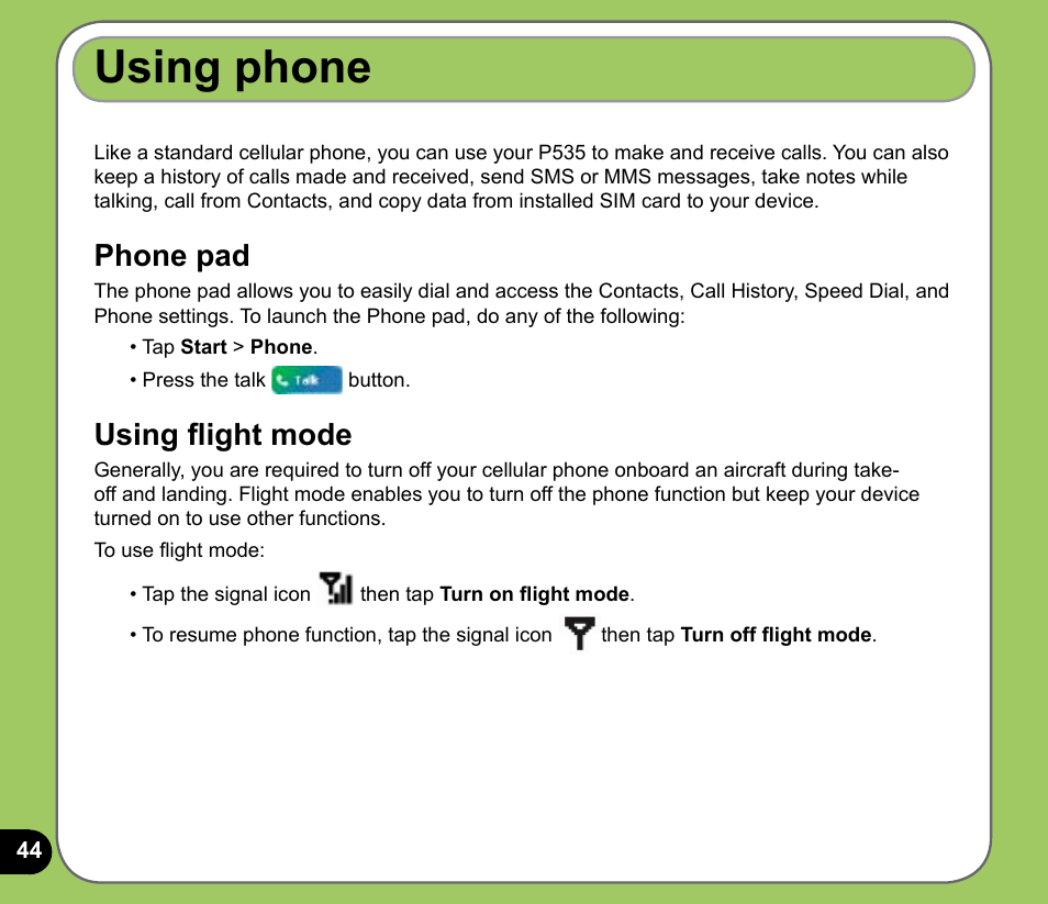 Using phone, Phone pad, Using flight mode | Asus P535 User Manual | Page 44 / 132