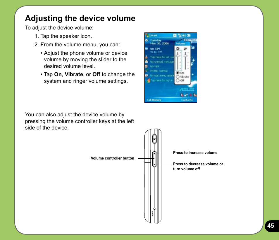 Adjusting the device volume | Asus P535 User Manual | Page 45 / 132