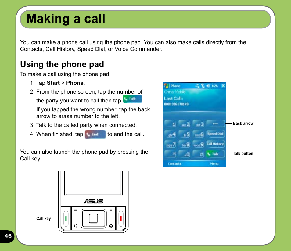 Making a call, Using the phone pad | Asus P535 User Manual | Page 46 / 132