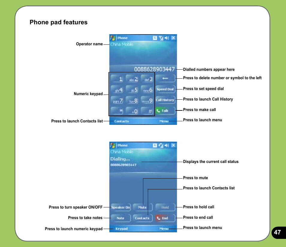 Phone pad features | Asus P535 User Manual | Page 47 / 132