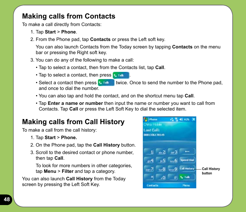 Making calls from contacts, Making calls from call history | Asus P535 User Manual | Page 48 / 132