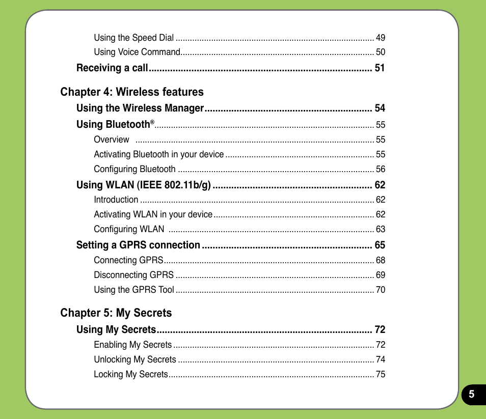 Chapter : wireless features, Chapter : my secrets | Asus P535 User Manual | Page 5 / 132