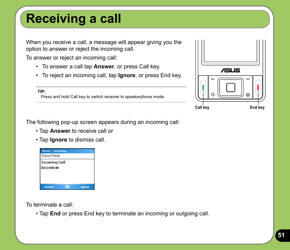 Receiving a call | Asus P535 User Manual | Page 51 / 132