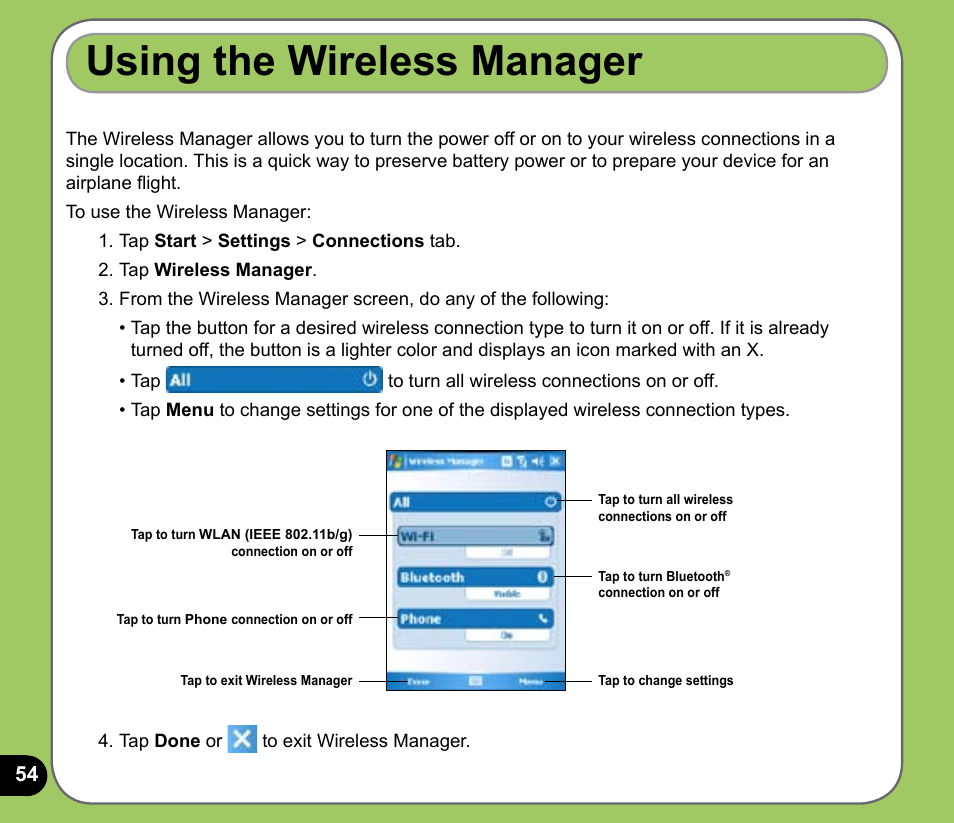 Using the wireless manager | Asus P535 User Manual | Page 54 / 132