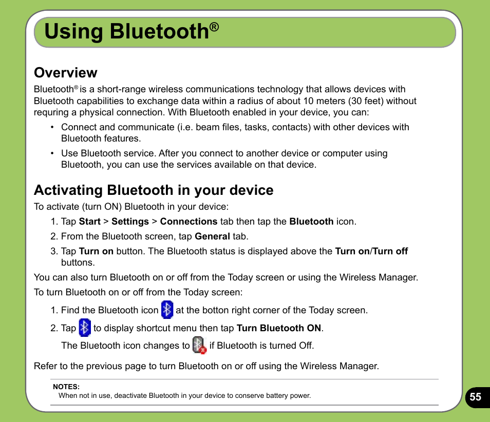 Using bluetooth, Overview, Activating bluetooth in your device | Asus P535 User Manual | Page 55 / 132