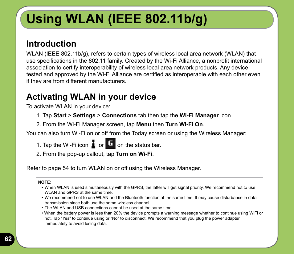 Using wlan (ieee 80.11b/g), Introduction, Activating wlan in your device | Asus P535 User Manual | Page 62 / 132