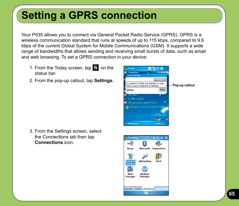 Setting a gprs connection | Asus P535 User Manual | Page 65 / 132