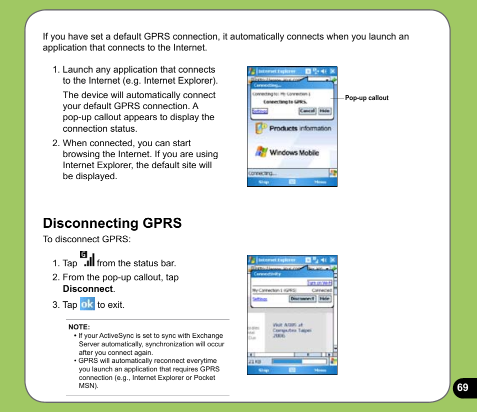 Disconnecting gprs | Asus P535 User Manual | Page 69 / 132