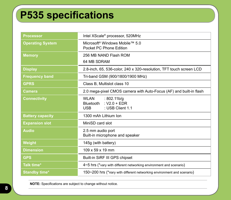 P535 specifications | Asus P535 User Manual | Page 8 / 132