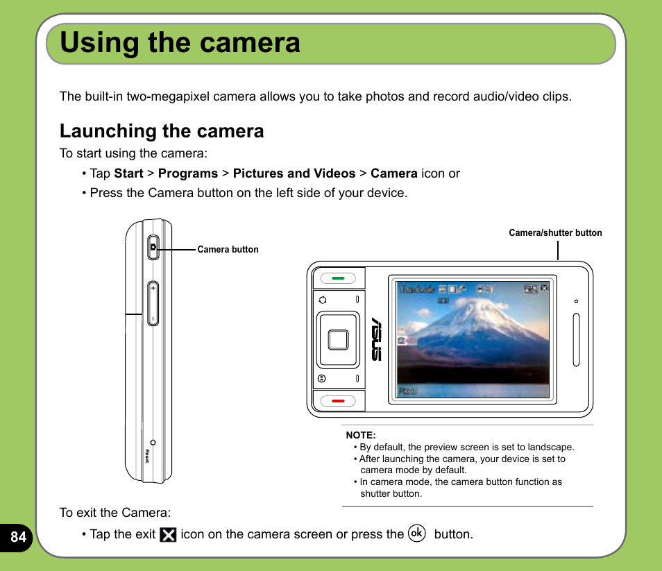 Using the camera, Launching the camera | Asus P535 User Manual | Page 84 / 132