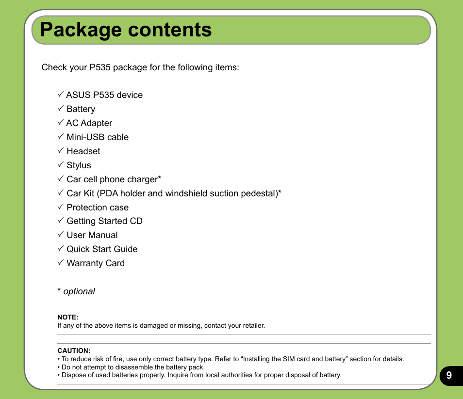 Package contents | Asus P535 User Manual | Page 9 / 132