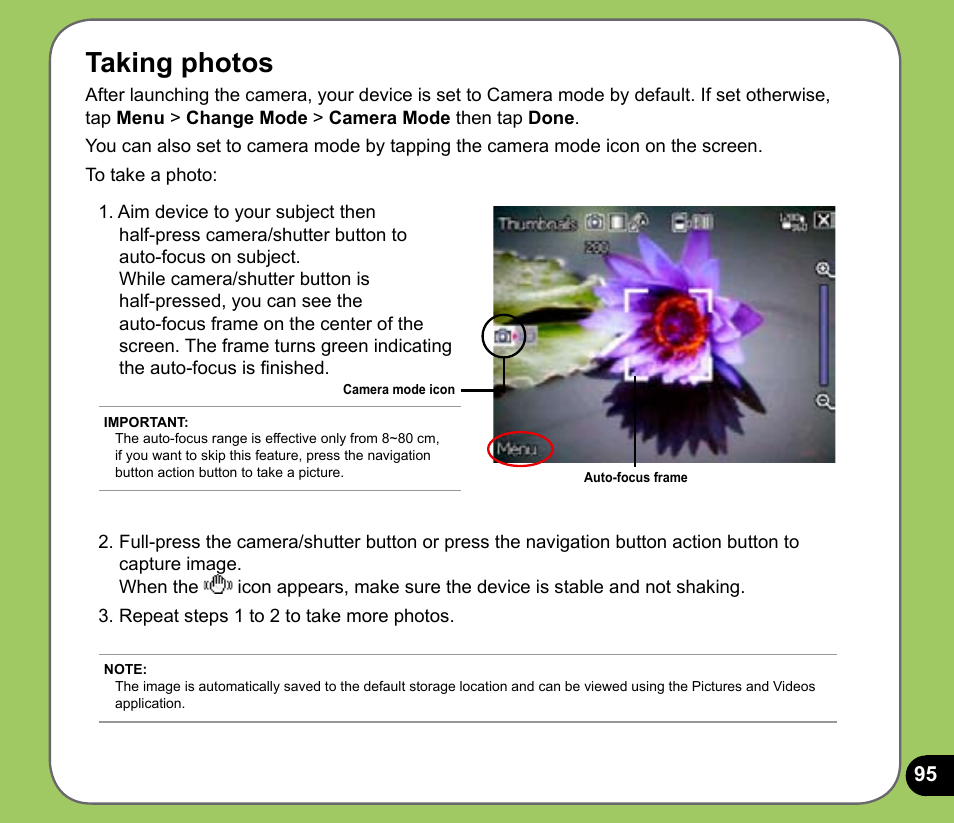 Taking photos | Asus P535 User Manual | Page 95 / 132