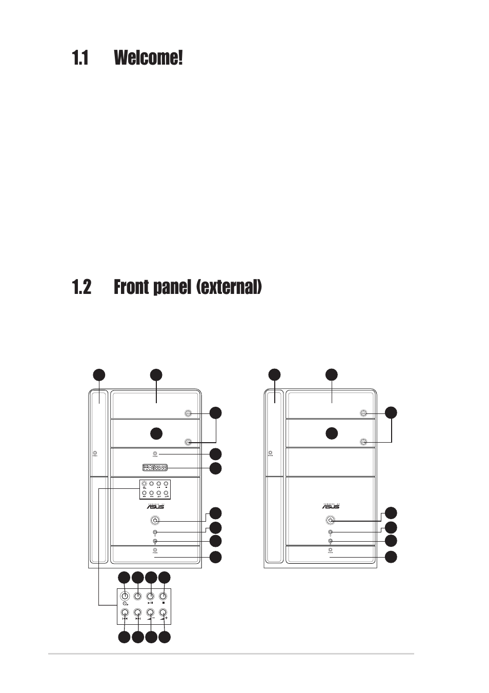 1 welcome, 2 front panel (external) | Asus Terminator 2 Barebone System T2-P User Manual | Page 12 / 130