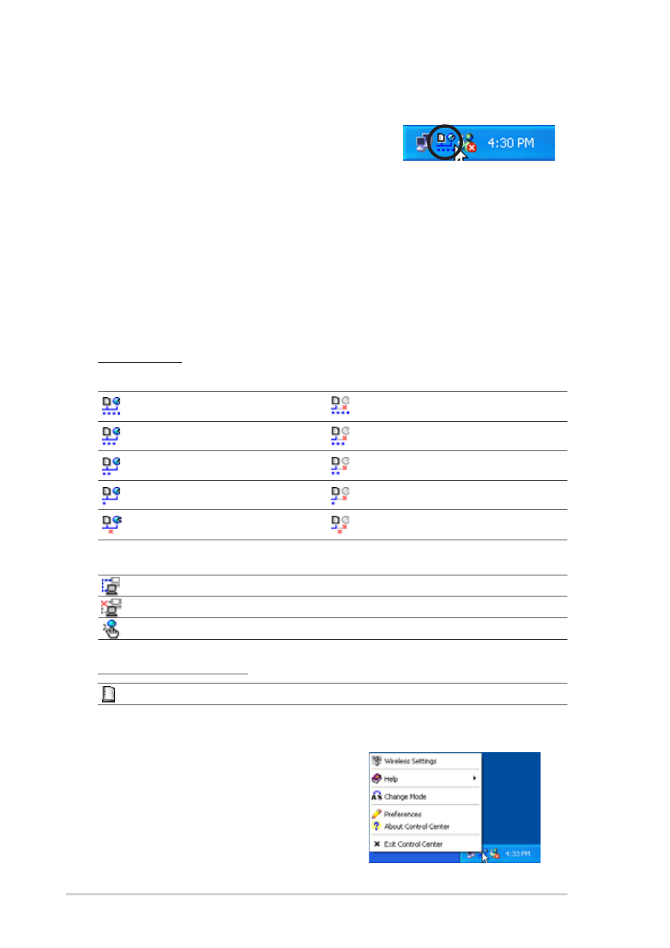 5 the control center utility, Control center right-click menu, Control center icons | Asus Terminator 2 Barebone System T2-P User Manual | Page 64 / 130