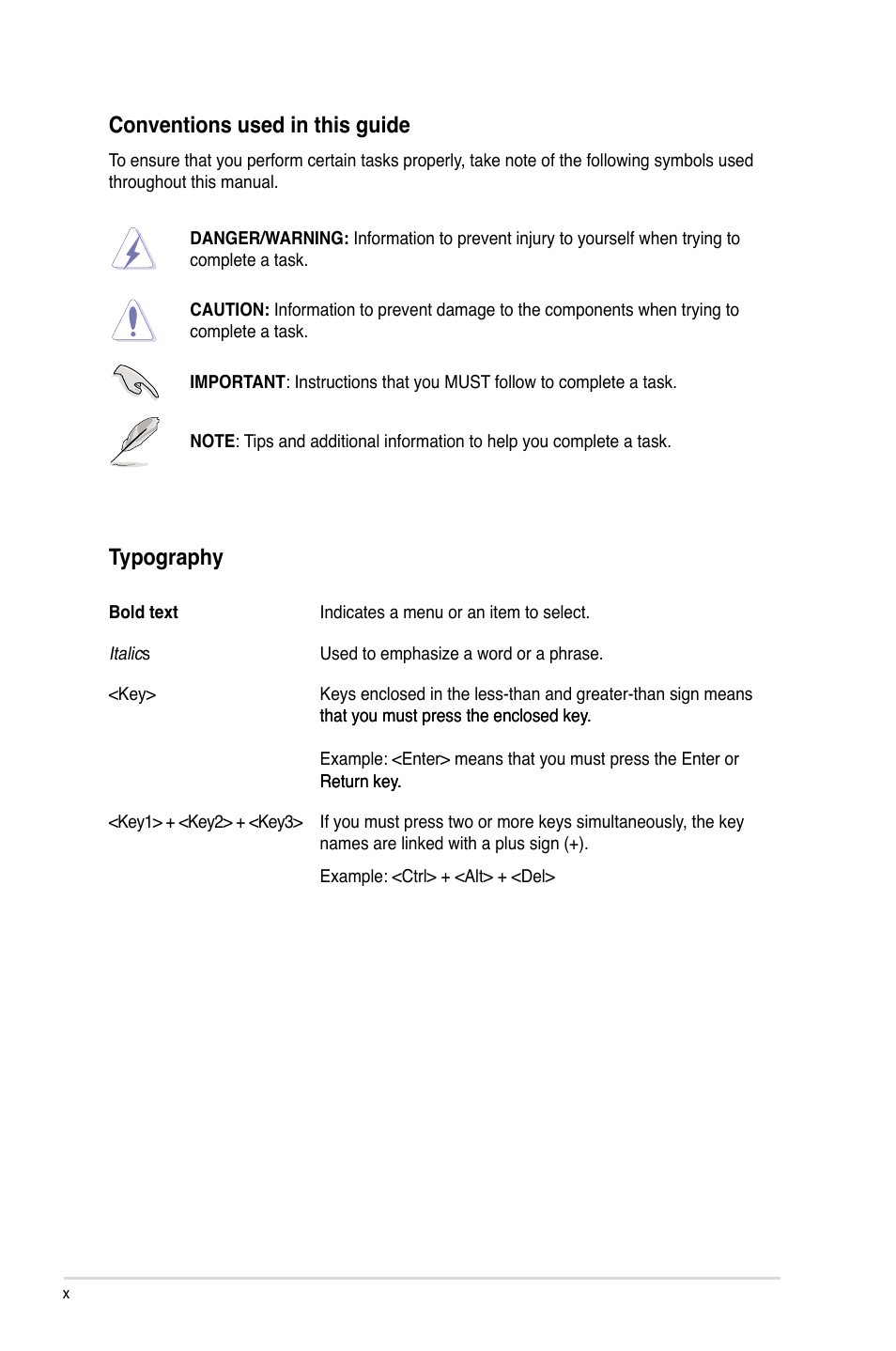 Conventions used in this guide, Typography | Asus Motherboard P7P55D User Manual | Page 10 / 122