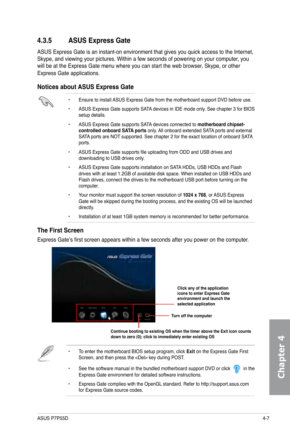 Chapter 4, 5 asus express gate, Notices about asus express gate | The first screen | Asus Motherboard P7P55D User Manual | Page 105 / 122