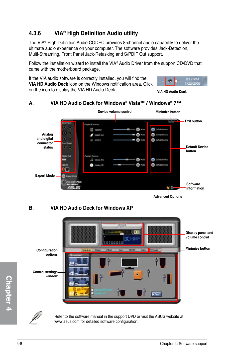 Chapter 4, 6 via, High definition audio utility | B. via hd audio deck for windows xp, A. via hd audio deck for windows, Vista™ / windows | Asus Motherboard P7P55D User Manual | Page 106 / 122