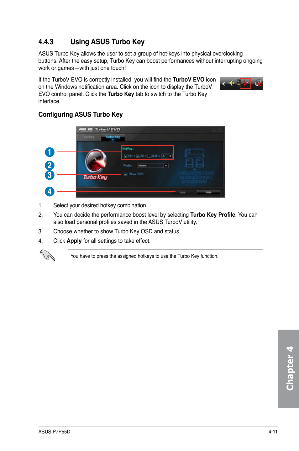 Chapter 4, 3 using asus turbo key | Asus Motherboard P7P55D User Manual | Page 109 / 122