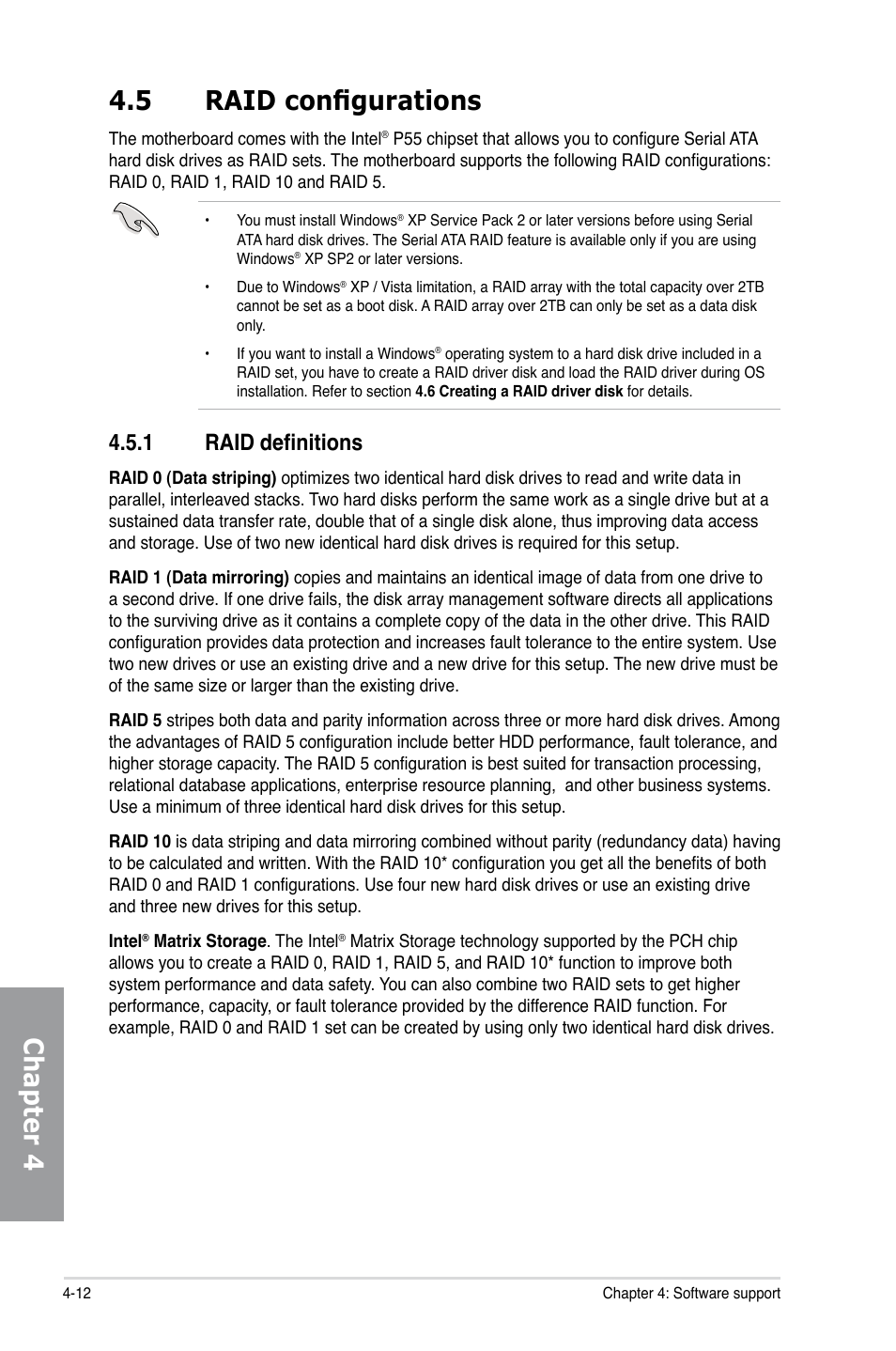 Chapter 4 4.5 raid configurations, 1 raid definitions | Asus Motherboard P7P55D User Manual | Page 110 / 122