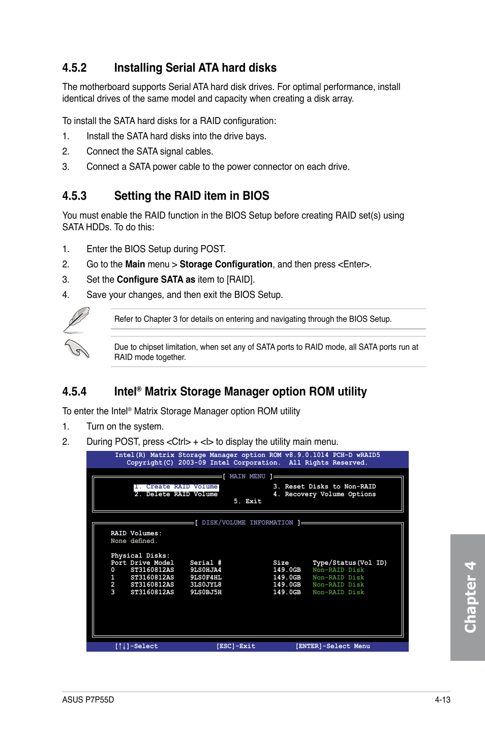 Chapter 4, 4 intel, Matrix storage manager option rom utility | 3 setting the raid item in bios, 2 installing serial ata hard disks | Asus Motherboard P7P55D User Manual | Page 111 / 122