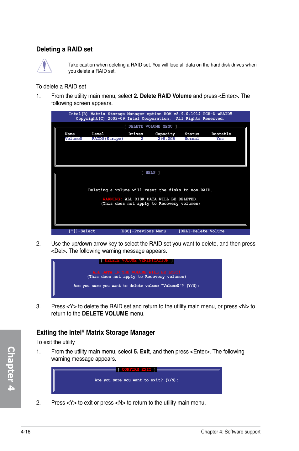 Chapter 4, Deleting a raid set, Exiting the intel | Matrix storage manager | Asus Motherboard P7P55D User Manual | Page 114 / 122