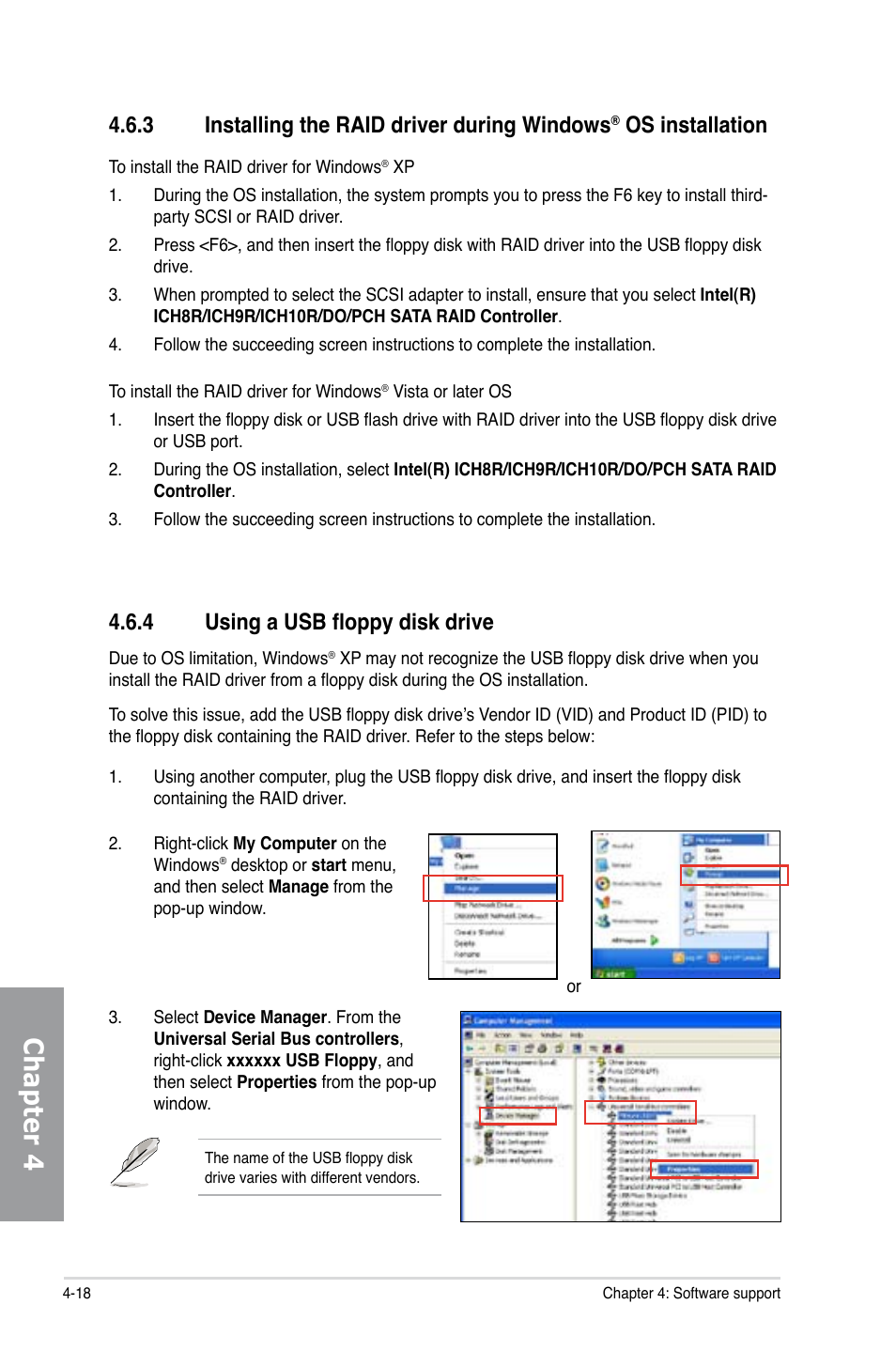 Chapter 4, 3 installing the raid driver during windows, Os installation | 4 using a usb floppy disk drive | Asus Motherboard P7P55D User Manual | Page 116 / 122